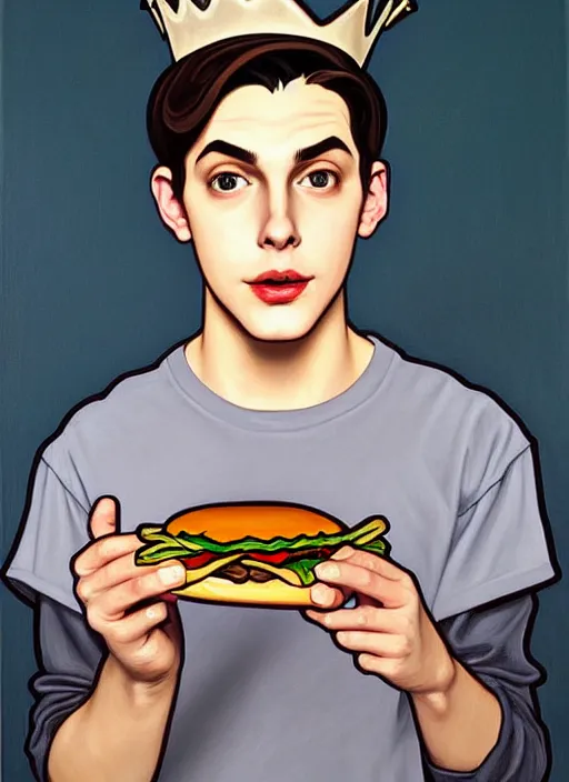 Image similar to oil painting, teenage jughead jones, wears a light grey crown, and devours a hamburger, wearing a light grey crown, intricate, elegant, closed eyes, highly detailed, pinocchio nose, lighting, painting, artstation, smooth, illustration, art by greg rutowski and alphonse mucha