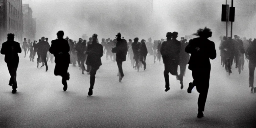 Prompt: street photo, revolution, smoke on the street, blurred thousands of people running, closeup, film photography, 1 9 8 0 s, exposed b & w photography, christopher morris photography, bruce davidson photography, peter marlow photography