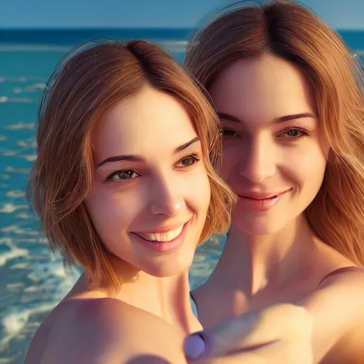 Prompt: beautiful serene intricate portrait of identical twin women, taking a selfie, smiling softly, relaxing on the beach, wearing casual clothes golden hour, soft focus, 8 k, art by irakli nadar, hyperrealism, hyperdetailed, ultra realistic