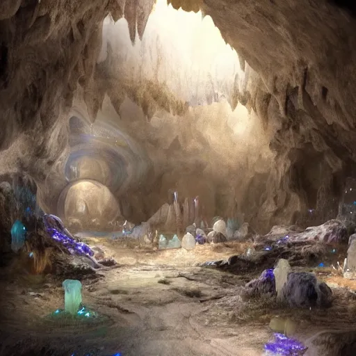 Image similar to beautiful matte painting of the inside of a cave with glowing crystals on the walls and bones on the floor, fantasy, sharp focus