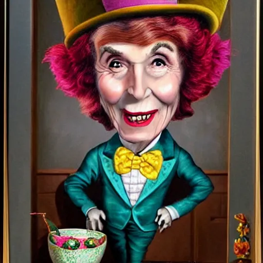 Prompt: nancy reagan dressed as the mad hatter, painted by mark ryden,