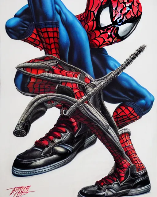 Prompt: an anthropomorphic cyberpunk sneaker of spiderman by sandra chevrier, by jon foster, detailed render, realistic shaded lighting, sharp focus, masterpiece