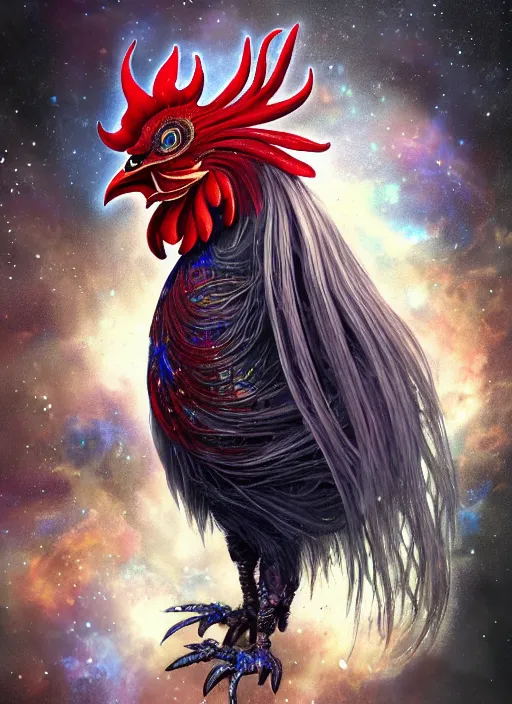 Prompt: a wlop 3 d render of very very very very highly detailed beautiful mystic portrait of a phantom undead rooster with whirling galaxy around, tattoos by anton pieck, intricate, extremely detailed, digital painting, artstation, concept art, smooth, sharp focus, illustration, intimidating lighting, incredible art,