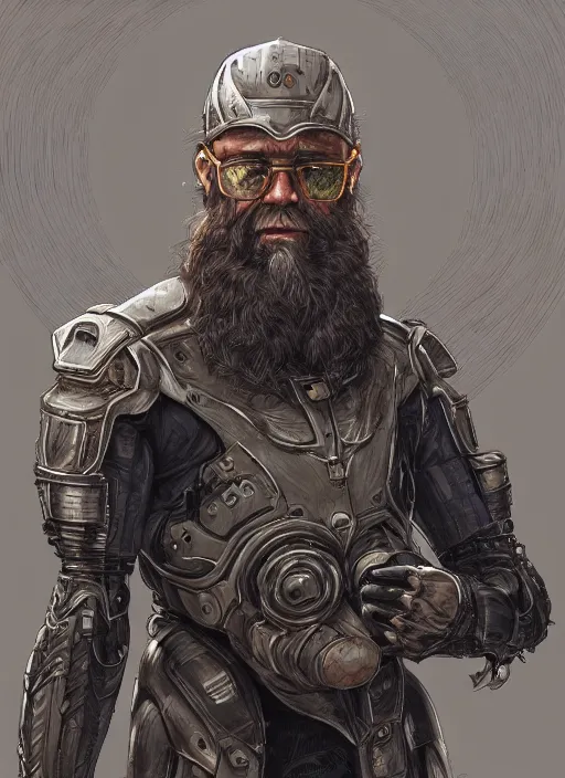 Prompt: Portrait of Peter Kropotkin with a long beard wearing futuristic power armor, sci-fi, intricate, highly detailed, digital painting, trending on artstation, sharp focus, illustration, style of Stanley Artgerm and Greg Rutkowski and Dan Mumford