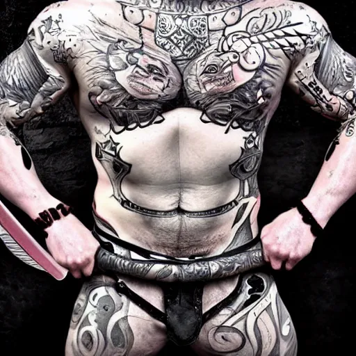 Image similar to muscular bald man, tattooed body, sword in hands, HD, anime style,