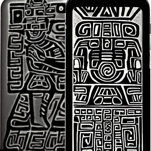 Prompt: An Aztec god looking at an iPhone made of Obsidian, in the style of a Mesoamerican codex drawing