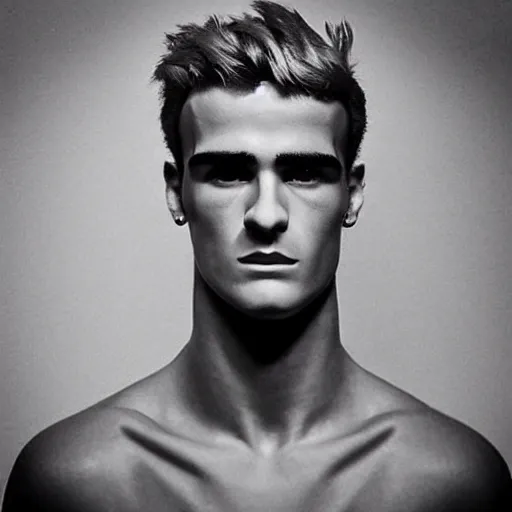 Image similar to “ a realistic detailed photo of a guy who is an attractive humanoid who is half robot and half humanoid, who is a male android, soccer player antoine griezmann, shiny skin, posing like a statue, blank stare, on the bed, on display ”