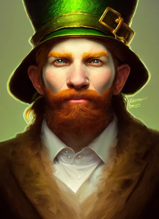 Image similar to portrait of leprechaun, intricate, elegant, highly detailed, digital painting, artstation, concept art, smooth, sharp focus, illustration, art by artgerm and greg rutkowski and alphonse mucha, 8 k