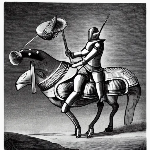 Prompt: illustration of a knight jousting on the back of a giant snail's shell