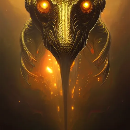 Image similar to dinosaur overlord, sci fi, glowing eyes, volumetric lights, gold theme, art nouveau botanicals, intricate, highly detailed, digital painting, artstation, concept art, smooth, sharp focus, cinematic, illustration, beautiful face, art by artgerm and greg rutkowski and alphonse mucha