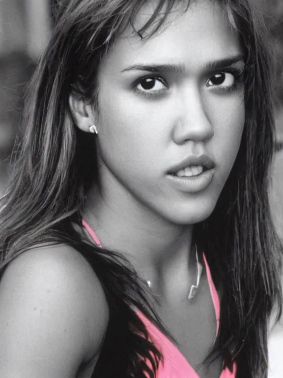 Image similar to hyperdetailed close shot of young jessica alba, with pink tank top with a logo, fine - face, pretty face