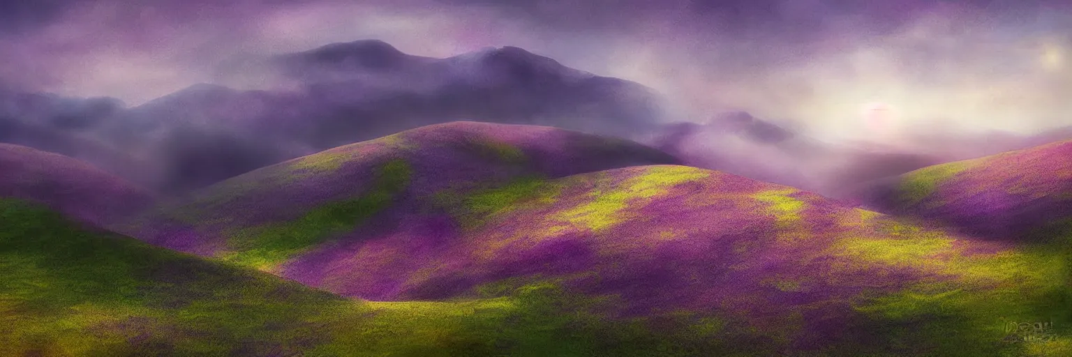 Prompt: Grass hill landscape with purple mountains in background light fog and dark sky digital art