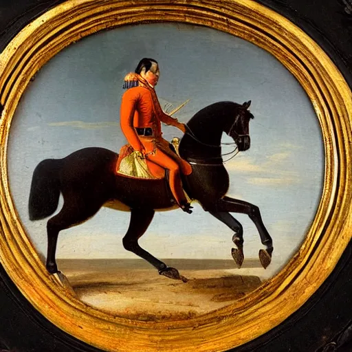 Image similar to a 1 8 th century painting of napoleon riding a horse with sunset in venice