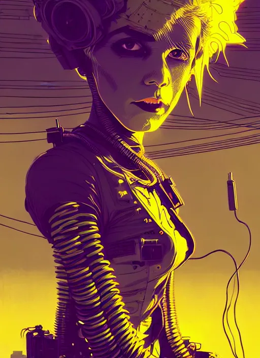 Image similar to highly detailed portrait of wasteland punk long curly bright yellow and white plasma electricity hair tribal lady, stray electric spark wiring by atey ghailan, james gilleard, by joe fenton, by greg rutkowski, by greg tocchini, by kaethe butcher, 4 k resolution, gradient yellow, black and white color scheme!!! ( ( lightning cloudy robotic dystopian city background ) )