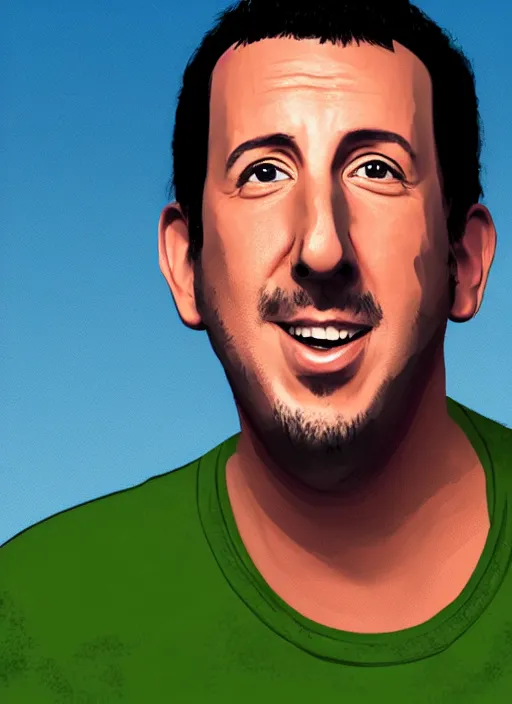 Prompt: a digital portrait of adam sandler in the style of jake kontou