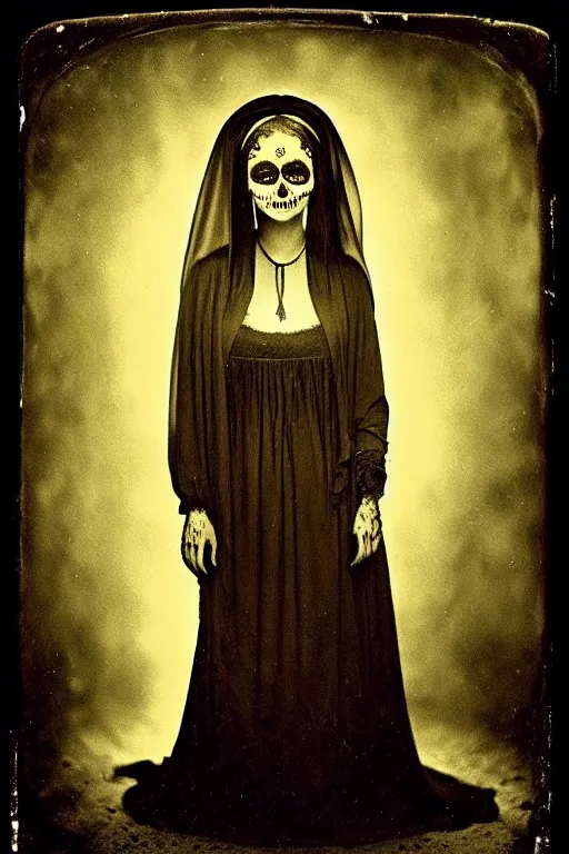 Image similar to calotype, tintype, virgin mary in dia de muertos dress and make up, horrific beautiful vibe, evocative, atmospheric lighting, painted, intricate, highly detailed, leesha hannigan, wayne haag, reyna rochin, ignacio fernandez rios, mark ryden, iris van herpen, stunning, gorgeous, sharp focus, cinematic, masterpiece