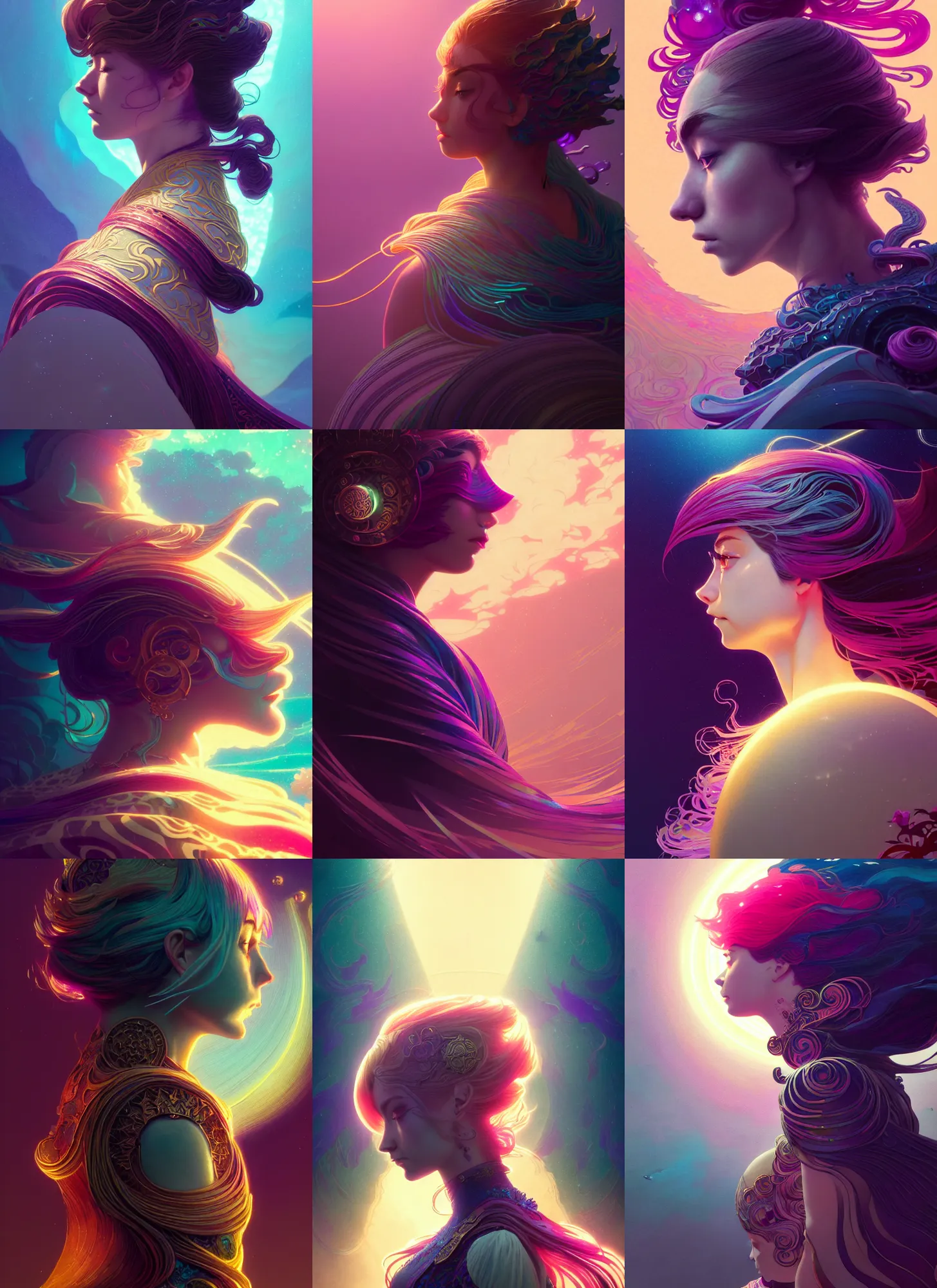 Prompt: side portrait, imogen poots, paladin, gloomhaven, octane render, colorful swirly ripples, gaudy colors, unreal engine, anime, tarot, art nouveau, illustration concept art, by victo ngai, fanbox, greg rutkowski, makoto shinkai, mucha