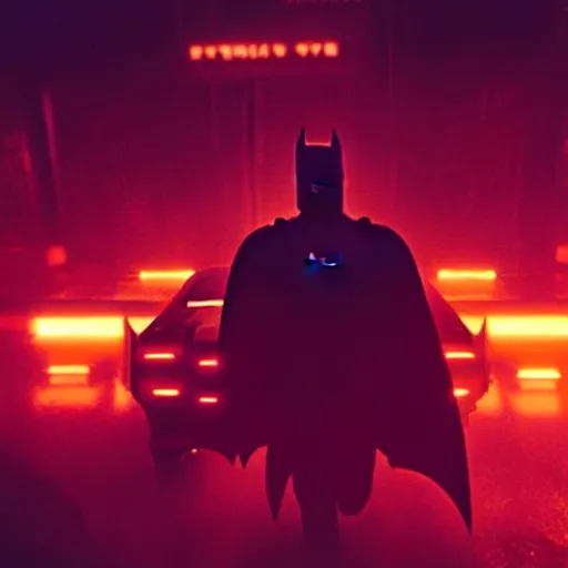 Image similar to film still of batman in blade runner 2 0 4 9, cinematic, moody, gritty neon noir by emmanuel lubezki