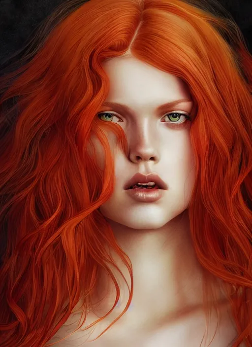 Prompt: dramatic ethereal full length illustration of a beautiful and red hair young woman in the art style of Martine Johanna, not realistic, anatomically correct, beautiful!! perfect face, enigmatic, volumetric golden dappled dynamic lighting, sharp focus, 8k high definition, insanely detailed, intricate, elegant