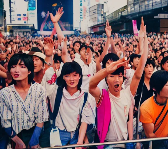 Image similar to photo of an japan 1 9 8 0 pop music festival, and people enjoying the show, color photo, colored, ( sony a 7 r iv, symmetric balance, photolab, lightroom, 4 k, dolby vision, photography award )