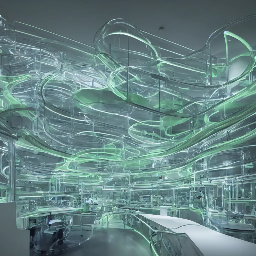 Image similar to “ a visually impressive interior smoothly fluid curve structure of a research laboratory in bio luminescent with algae, soft clean lines and satisfying forms, highly detailed in 4 k ”