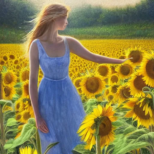 Prompt: a girl slowly walking through amazing tall sunflower field, hair flowing, early morning lighting, elegant, subtle, intricate details, real masterpiece, oil on canvas, by somsak anong