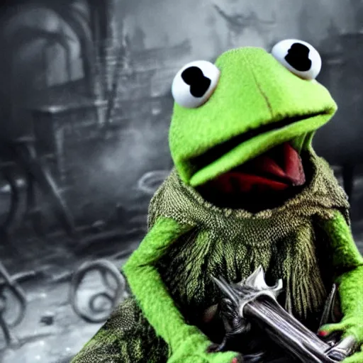 Image similar to evil kermit the frog, dark souls, bloodborne, elden ring, by hidetaka miyazaki