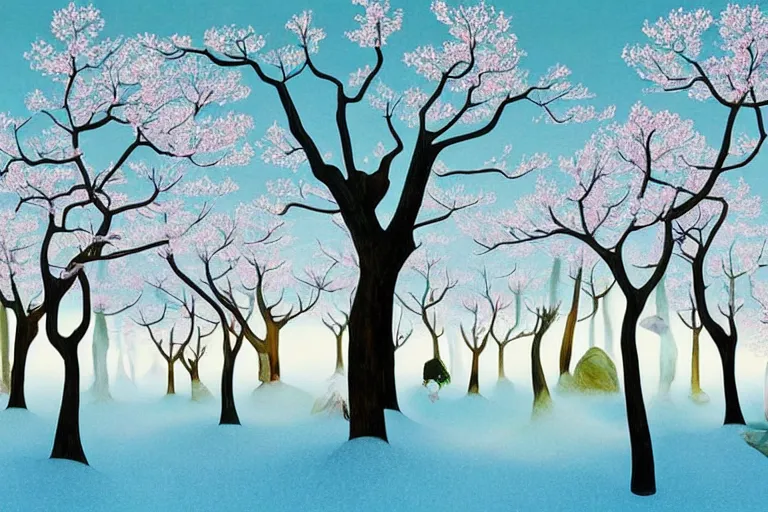 Image similar to A surreal winter forest landscape with barren sakura trees by Chiho Aoshima and Salvador Dali