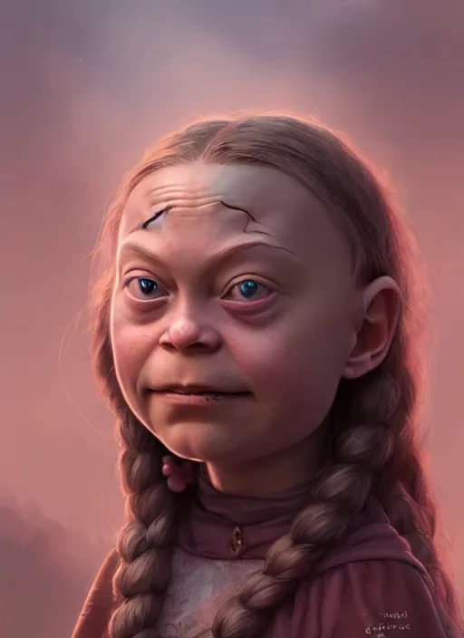 Prompt: portrait of greta thunberg as a medieval goblin girl, beautiful face, hyper realistic, highly detailed, digital painting, artstation, illustration, concept art by hyung tae and frank frazetta, digital paint, matte paint, washed colors, dark, gloomy