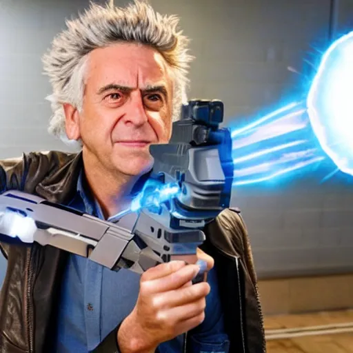 Image similar to Rick Sanchez as a real-life person, studio portrait, real-life-action movie star, holding a portal gun, opening a portal, Rick Sanchez