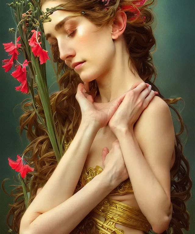 Prompt: young goddess with gladioli, portrait, blue eyes, beautiful face, long hair, head in focus, fantasy, ornamental, intricate, elegant, sensual, highly detailed, digital painting, artstation, concept art, smooth, golden ratio, sharp focus, illustration, art by artgerm and Greg Rutkowski and Alphonse Mucha and Karol Bak