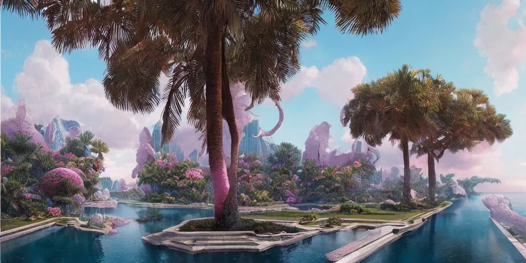 Prompt: artgem and greg rutkowski masterpiece, hyperrealistic surrealism, award winning masterpiece with incredible details, epic stunning, infinity pool, a surreal vaporwave liminal space, highly detailed, trending on ArtStation, calming, meditative, pink arches, palm trees, very vaporwave, very very surreal, sharp details, dreamscape, giant head statue ruins