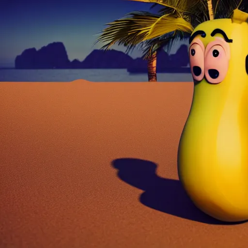 Image similar to Mister Apple meets Mister Banana at the beach, 3D, hyperrealistic, cinematic lighting, volumetric lighting, 8k, artstation, anthropomorphized fruit