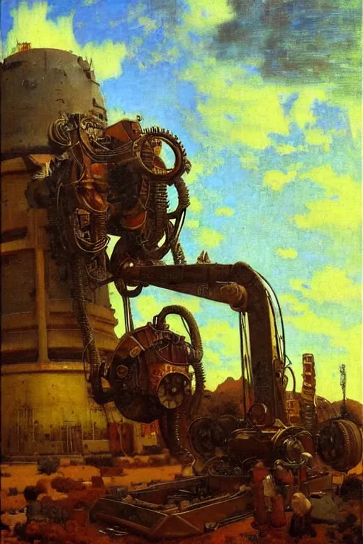 Image similar to fallout, huge machine robot, cool tint, painting by, gaston bussiere, johannes vermeer