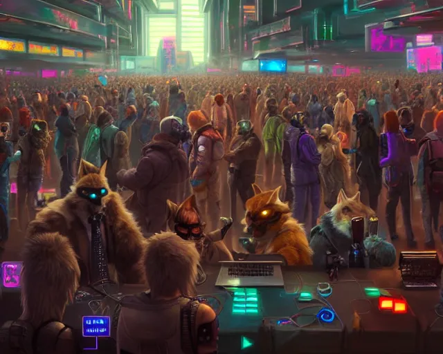 Image similar to high - resolution photograph from a cyberpunk era furry fandom convention ( midwest furfest 2 0 4 7 ), taking place after the genetic revolution and singularity. photorealistic.