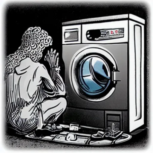 Image similar to a place of worship for the religion of technology where true believers can pray to the washing machine