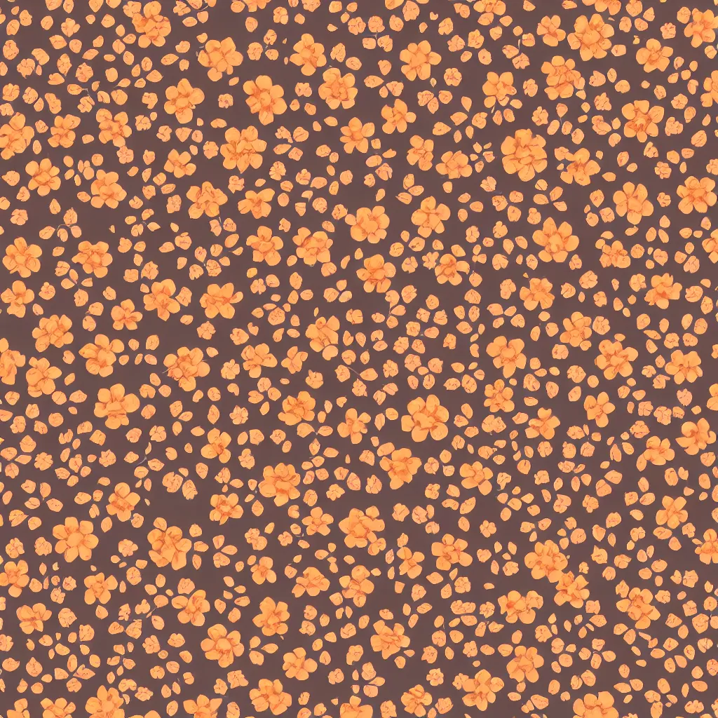 Image similar to repeating fabric pattern, minimalistic, miniature tiny orange and peach color flowers, brown vines and leaves