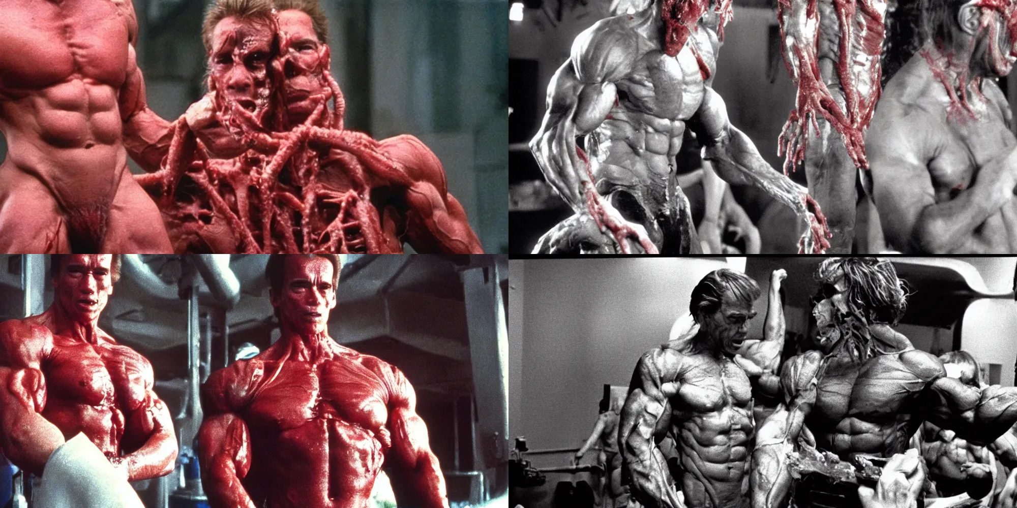 Prompt: arnold schwarzenegger body horror directed by david cronenberg, limb mutations, swollen veins, red flesh strings, and cinestill 8 0 0 t, 1 9 8 0 s movie still, film grain