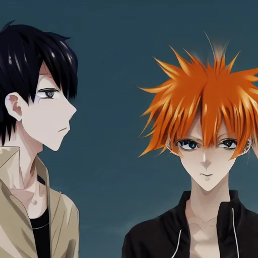 Image similar to orange - haired anime boy, 1 7 - year - old anime boy with wild spiky hair, standing next to 1 7 - year - old pale - skinned persian girl with black hair long bob cut, long bangs, black gothic jacket, ultra - realistic, sharp details, subsurface scattering, blue sunshine, intricate details, hd anime, 2 0 1 9 anime