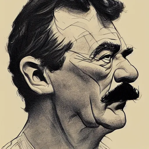 Prompt: a realistic yet scraggly portrait sketch of the side profile of a stern and sophisticated tom selleck, trending on artstation, intricate details, in the style of frank auerbach, in the style of sergio aragones, in the style of martin ansin, in the style of david aja, in the style of mattias adolfsson