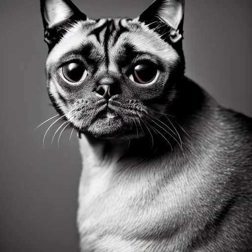 Image similar to a feline cat - pug - hybrid, animal photography