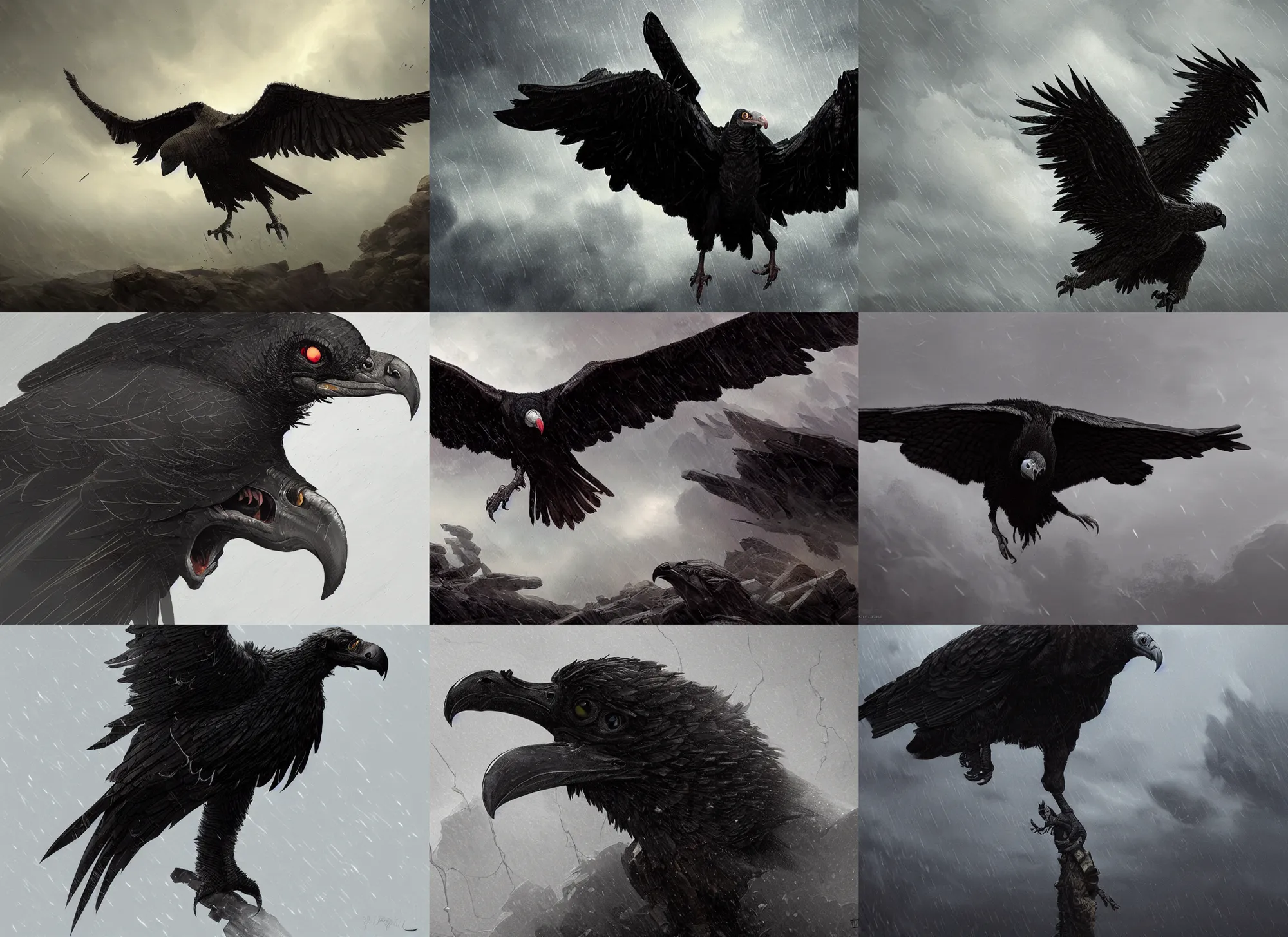 Prompt: black raptor-vulture in storm, intricate, highly detailed, artstation, sharp focus, illustration, jurgens, rutkowski, simonetti