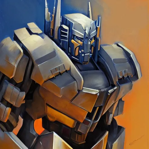 Image similar to greg manchess portrait painting of armored optimus prime as overwatch character, medium shot, asymmetrical, profile picture, organic painting, sunny day, matte painting, bold shapes, hard edges, street art, trending on artstation, by huang guangjian and gil elvgren and sachin teng