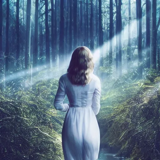 Prompt: taylor swift holding her hand out for you, long hair with bangs, Crystal clear blue eyes, wide-shot, mystical, sun flairs, beautiful fog lit forest backround, oil colors, watery lake, elegant, sharp focus, cute face, Hyper-realistic, Highly Detailed, HD, Dramatic Lighting by Brom, by beeple, studio ghibli, wallpaper, highly detailed, trending on artstation