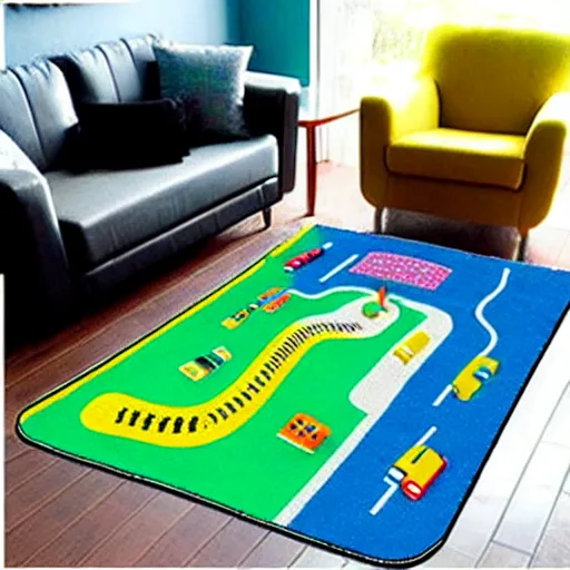 Image similar to a futuristic kids road map carpet rug