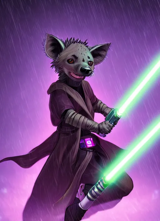 Image similar to character portrait of a female anthro hyena fursona wearing jedi robes wielding an purple lightsaber in a cyberpunk city at night while it rains. hidari, color page, tankoban, 4K, tone mapping, Akihiko Yoshida.