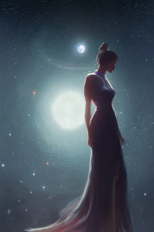 Image similar to a woman, wearing a dress made of stars, rim lighting, dramatic, planets in the background, smooth, sharp focus, very detailed, by greg rutkowski, artstation, tom badshaw, 8 k, symmetrical detailed face