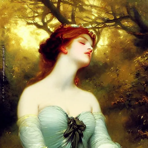 Image similar to blonde beautiful sleeping princess by Franz Xaver Winterhalter and Delphin Enjolras and Rebecca Guay