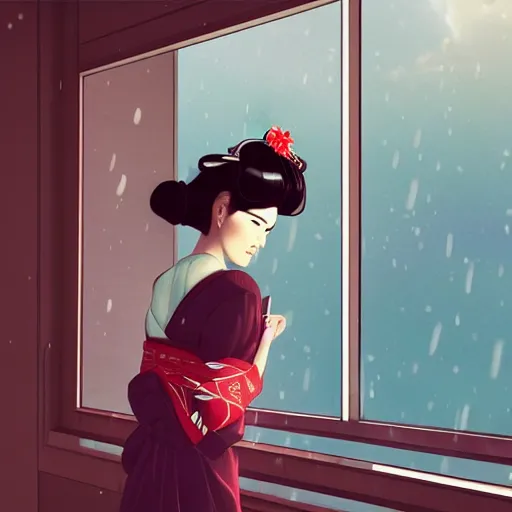 Image similar to a geisha looking longingly out the window hoping to catch a glimpse of her beloved before the storm sets in, ambient lighting, 4 k, lois van baarle, ilya kuvshinov, rossdraws