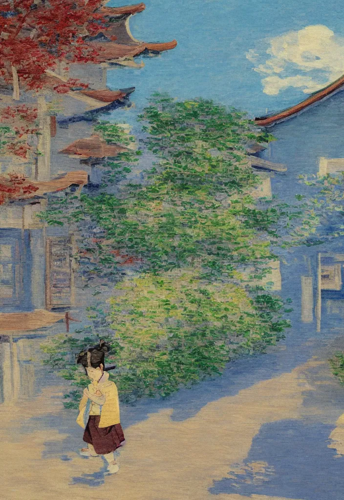 Image similar to tiny samurai in front of a futuristic japanese country side landscape, edo era house in the background, blue sky, magnificient clouds, lofi vibe, vivide colors, amazing light, really beautiful nature, oil painting, impressionist style, by claude monet, by ghibli, abstract kandinsky elements, multiple brush strokes, masterpiece